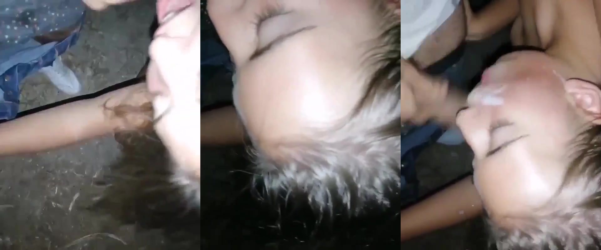 Amador com novinha levando gozada na cara em público